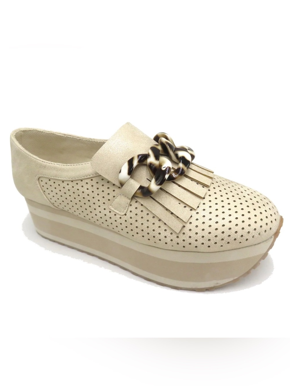 Platform Fringe Slip-On Loafer in Beige with Tortoiseshell Chain